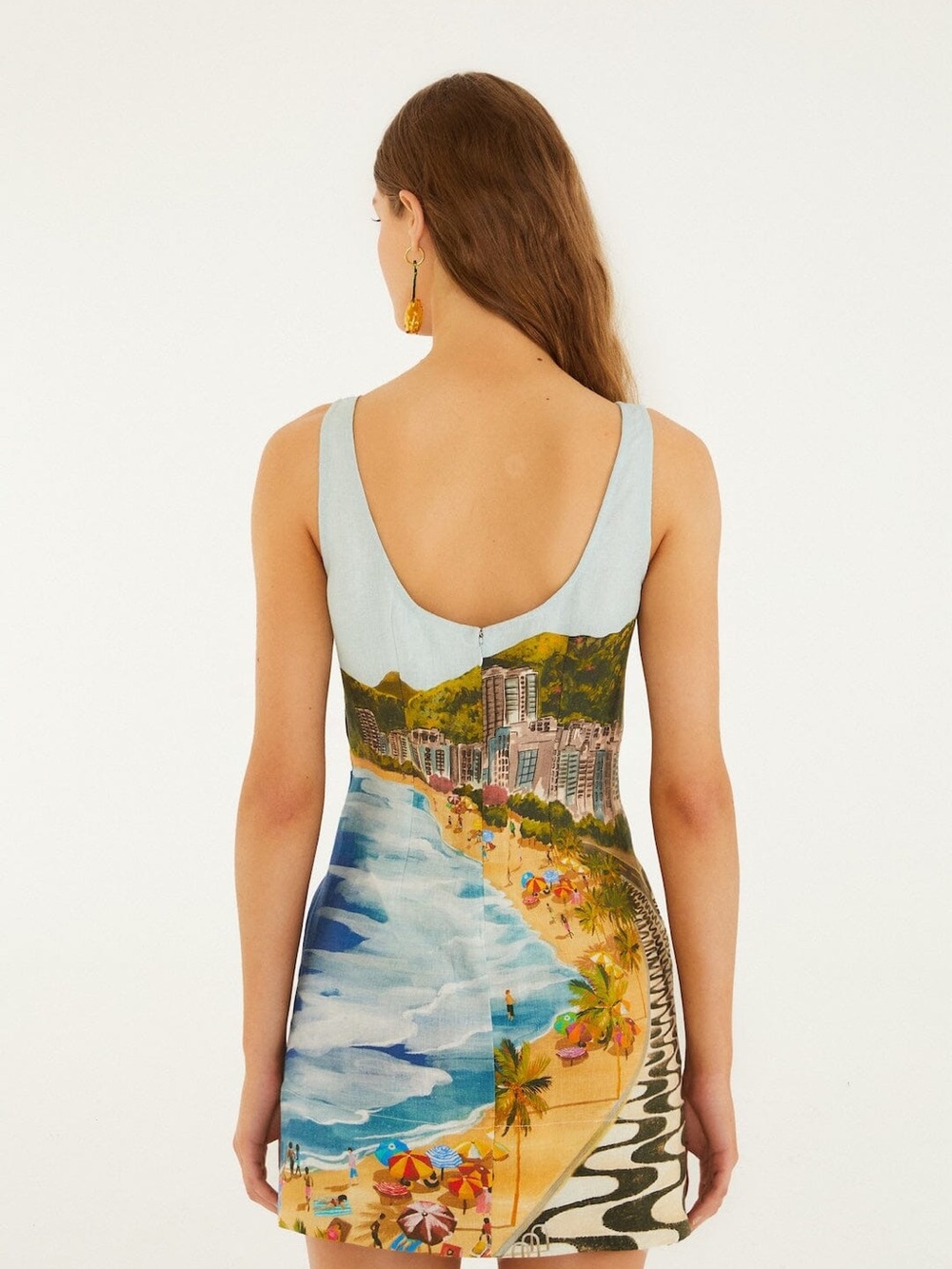 FARM Rio 100% Linen Light Blue Scenic Beach Print Mini Dress - Picture 2 of 3